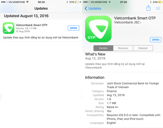 Vietcombank “cập nhật Smart OTP theo quy trình đăng ký sử dụng dịch vụ mới”.