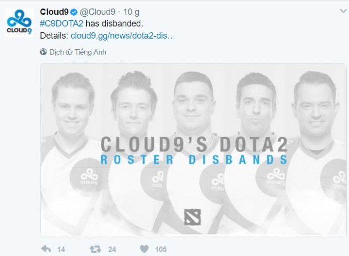 CLoud9 chính thức rời khỏi sân chơi DOTA 2