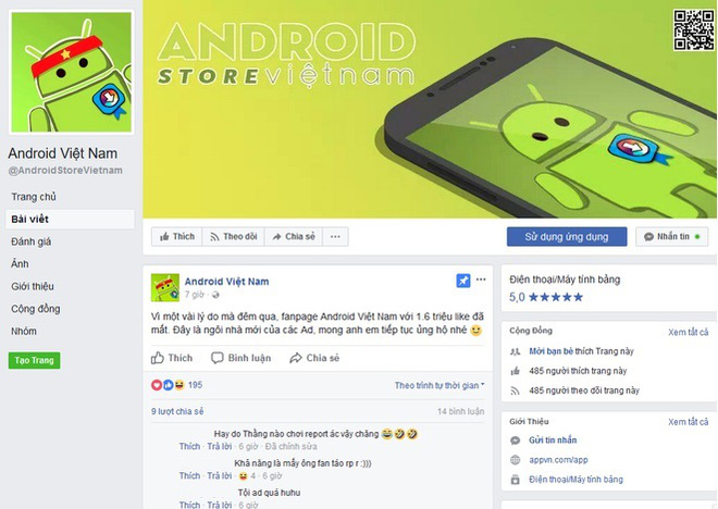 Fanpage Android Việt Nam với 1,6 triệu like đã hoàn toàn biến mất vào đêm qua