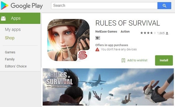 Rules of Survival Mobile được Google Store đề xuất vào top game nên chơi