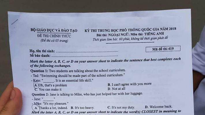 Đề Thi môn Tiếng Anh của kỳ thi THPT Quốc gia 2018 [Đang cập nhật tiếp]