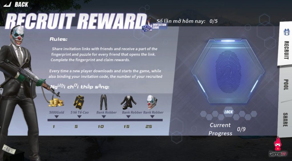 Rules Of Survival - Hướng dẫn nhận trang phục Bank Robber trong sự kiện Recruit Reward trong sự kiện cập nhật sáng nay