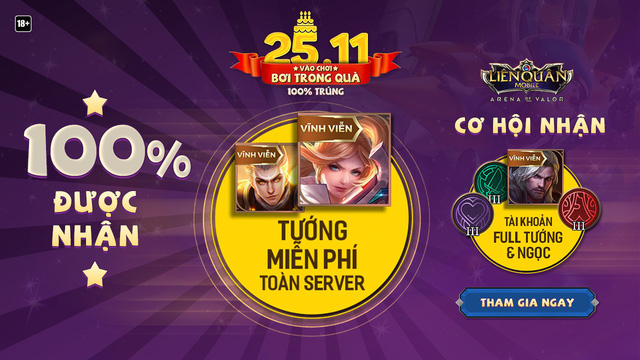Liên Quân Mobile: Garena tặng cả server 10 tướng vĩnh viễn vào ngày 25/11 tới