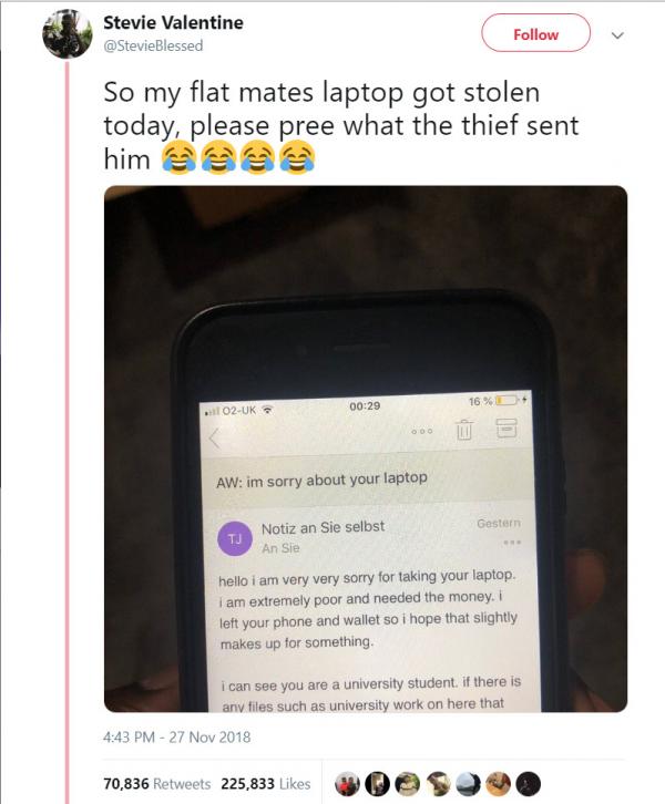 Tên cướp lấy trộm laptop nhưng vẫn gửi email cho nạn nhân để...xin lỗi