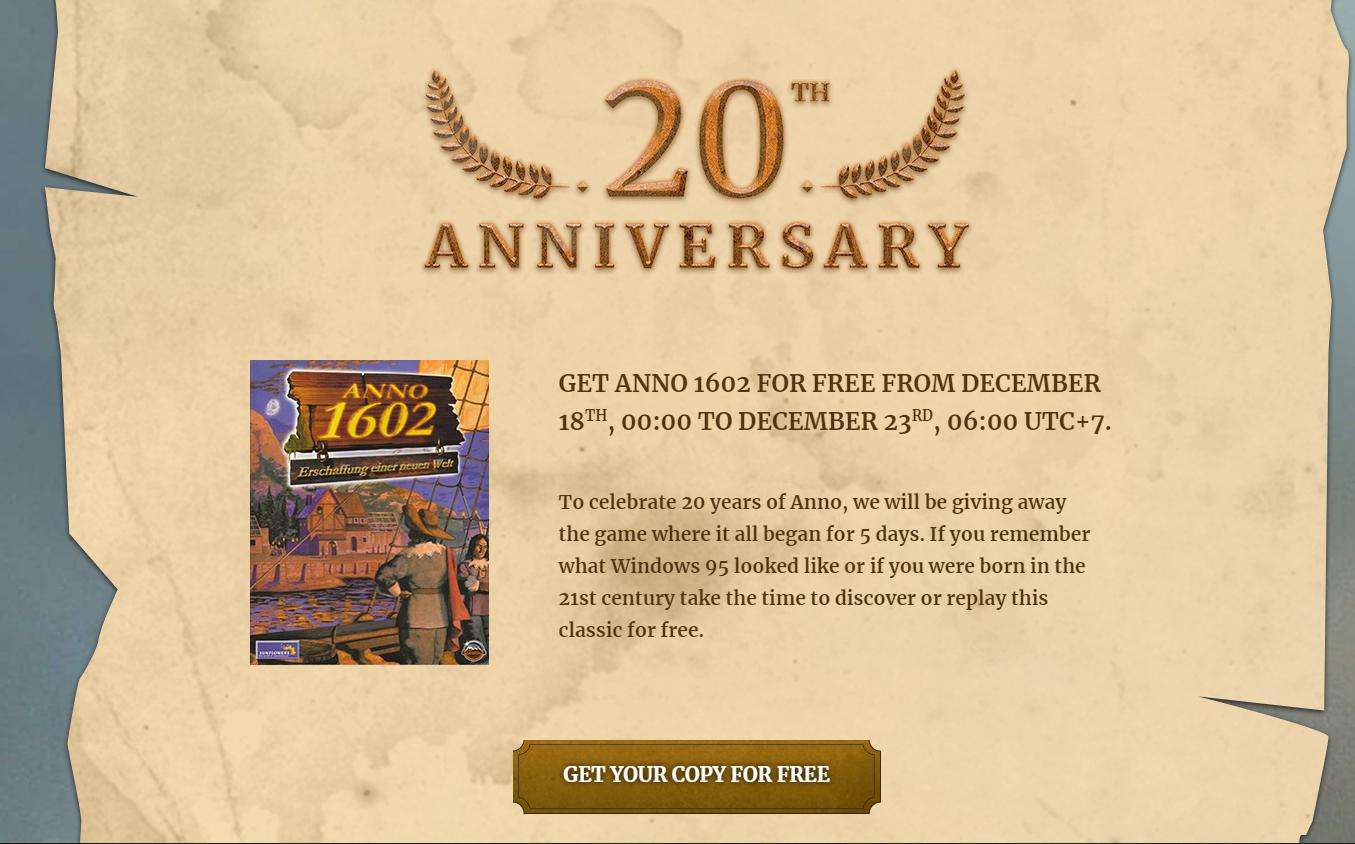 Kỷ niệm 20 năm series ANNO, Ubisoft tặng MIỄN PHÍ ANNO 1602 trên Uplay