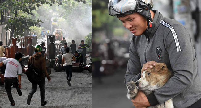 Anh công nhân cứu chú chó bị xích vùng vẫy tuyệt vọng trong đám cháy