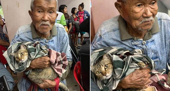 Cụ ông gây xúc động khi ôm khư khư chú mèo cưng đi tránh cơn bão lớn nhất 3 thập kỷ ở Thái Lan