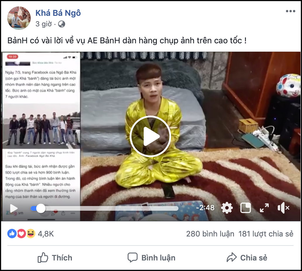 Bị xử lý, Khá "bảnh" vẫn cãi cùn về việc dàn hàng chụp ảnh trên cao tốc: “Đến đấy có làn đường đỗ xe nên Bảnh... đi vệ sinh thôi”