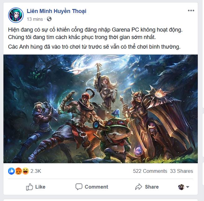 Garena bất ngờ bị sập server cổng vào log in của tất cả game LMHT, Liên Quân Mobile và Âm Dương Sư