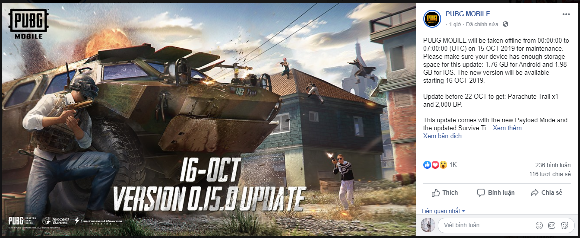 PUBG Mobile: Thời gian bảo trì ngày 15 tháng 10 cho bản cập nhật 0.15