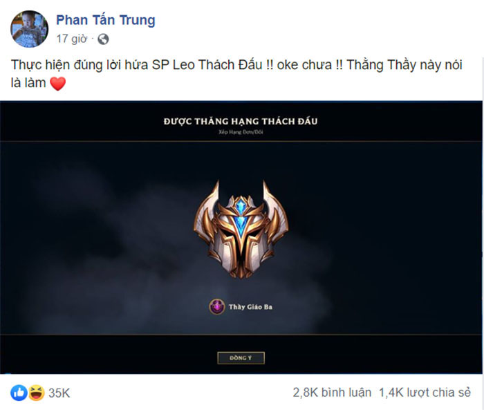 LMHT: Thầy Ba khoe lên được Thách Đấu bằng SP, cộng đồng game thủ không ngớt lời ngợi khen....Petland, Celed, Sena