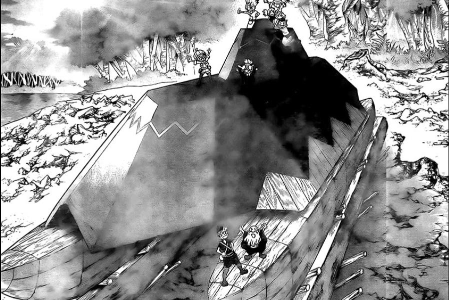 Spoiler Dr.Stone chap 181: Đóng thuyền mới, Senku chở tất cả thiết bị hóa đá vào rừng!