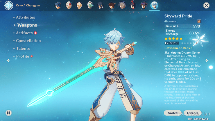 Genshin Impact 2.2: Hướng dẫn Chongyun cách lên vũ khí và thánh Di Vật mạnh nhất