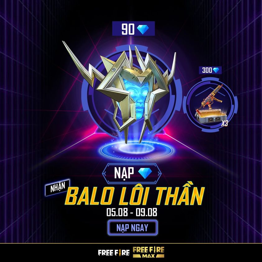 Free Fire: Sự kiện nạp kim cương balo Lôi thần và Hộp súng Phẫn nộ x3