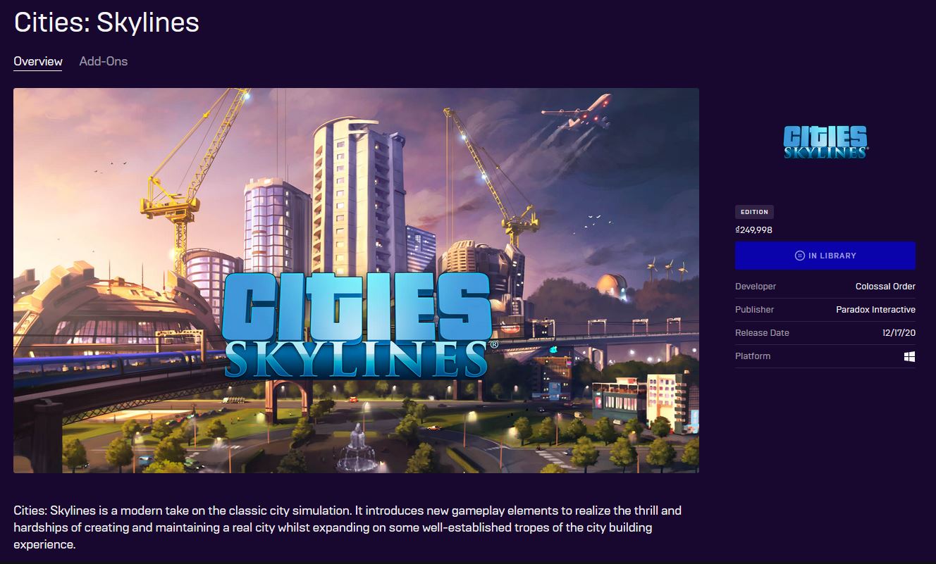 Cities Skylines - Bom tấn xây dựng chuẩn bị được tặng miễn phí trên Epic Games Store
