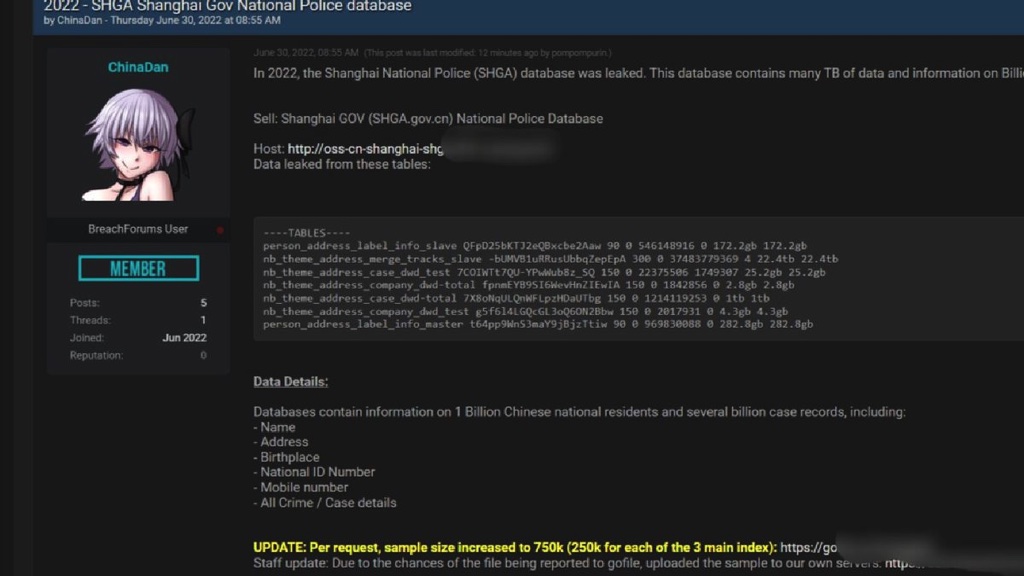 Một hacker tuyên bố đã lấy được dữ liệu của 1 tỷ người dân Trung Quốc