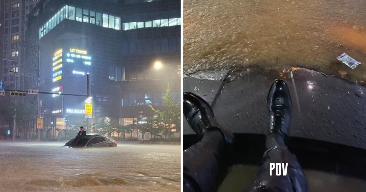 Đường ngập như biển hồ, anh trai Hàn Quốc tự nhiên biến thành meme khi ngồi chờ trên nóc xe