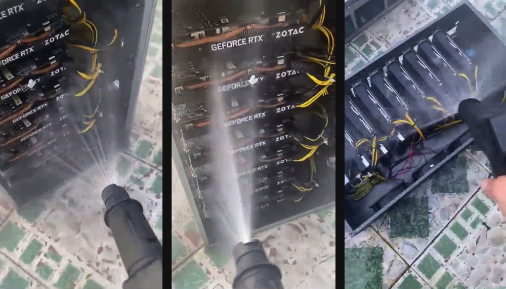 Thợ đào Việt Nam tắm "trâu cày" RTX Nvidia bằng vòi xịt áp lực trước khi được đăng bán