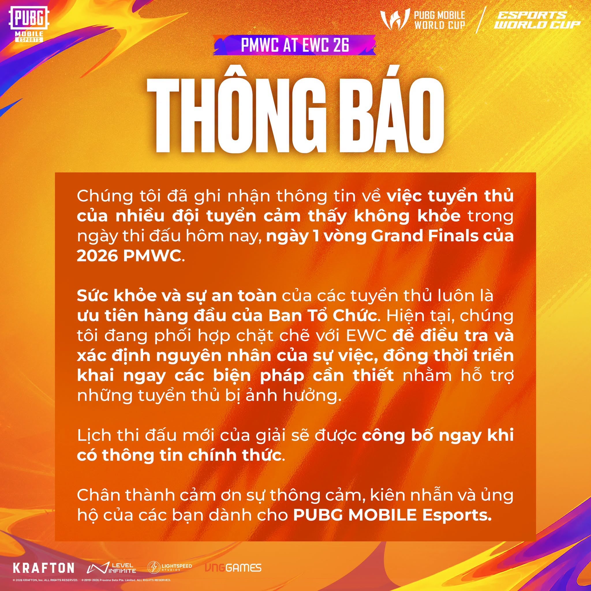 Vòng Chung Kết PUBG Mobile EWC 2026 Chấn Động Bởi Thông Tin Ngộ Độc Thực Phẩm