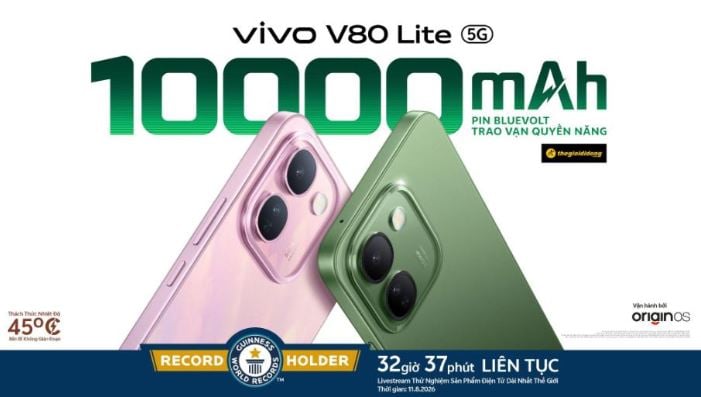 vivo V80 Lite 5G chính thức ra mắt: Mang điện thoại pin 10.000mAh đạt KỶ LỤC GUINNESS THẾ GIỚI™ đến với người dùng Việt